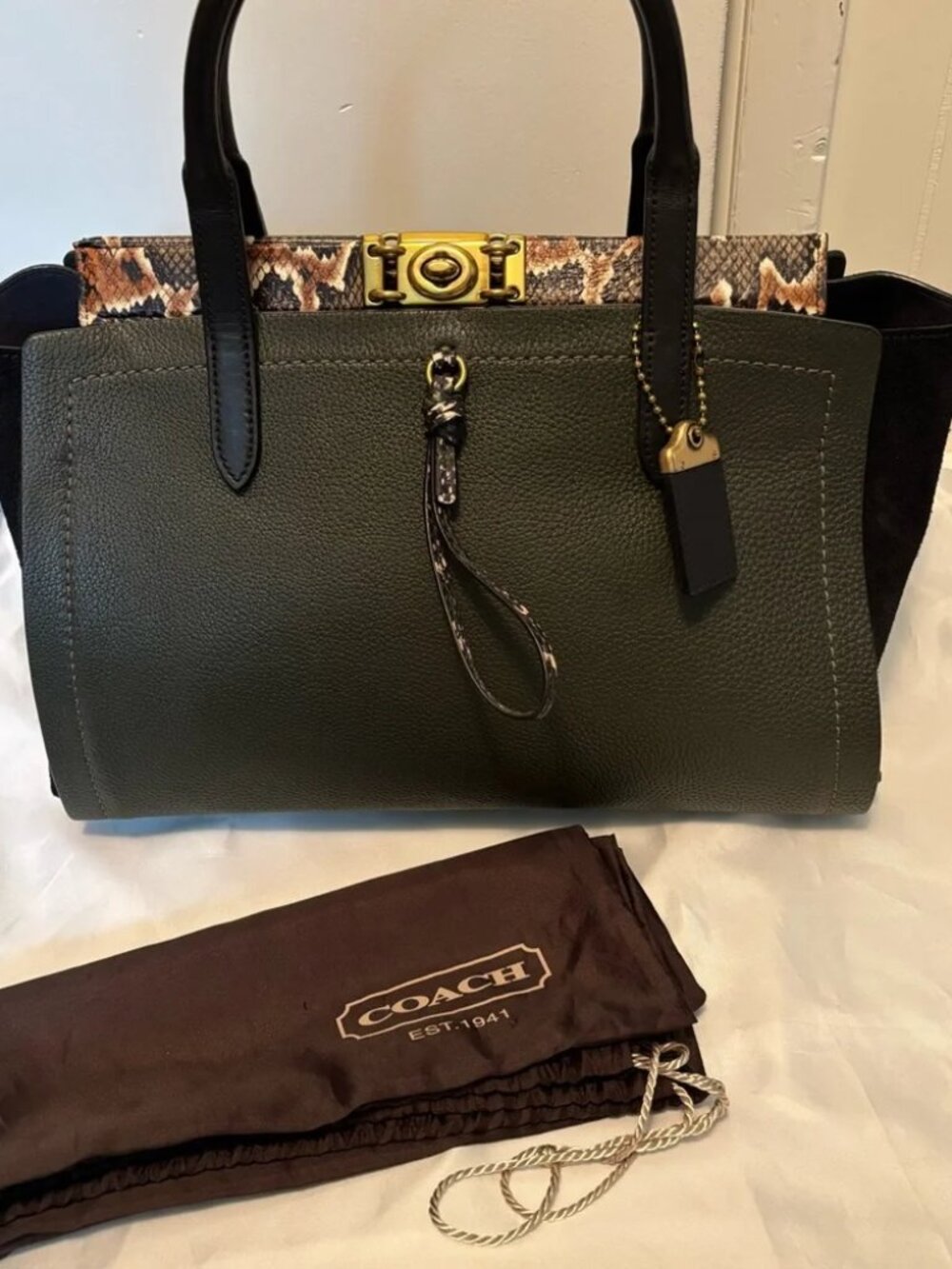 Rare Coach 1941 ArmyGreen & Black Troupe Satchel Carryall 35 w/ Snakeskin Accent - Picture 4 of 14